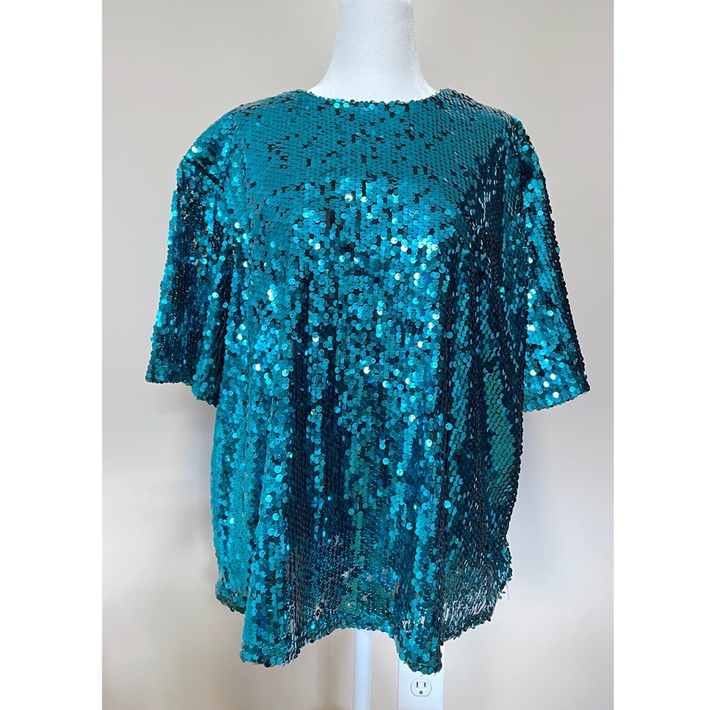 Teal Sequin Short Sleeve Party Shirt | NWT - Picture 3 of 5
